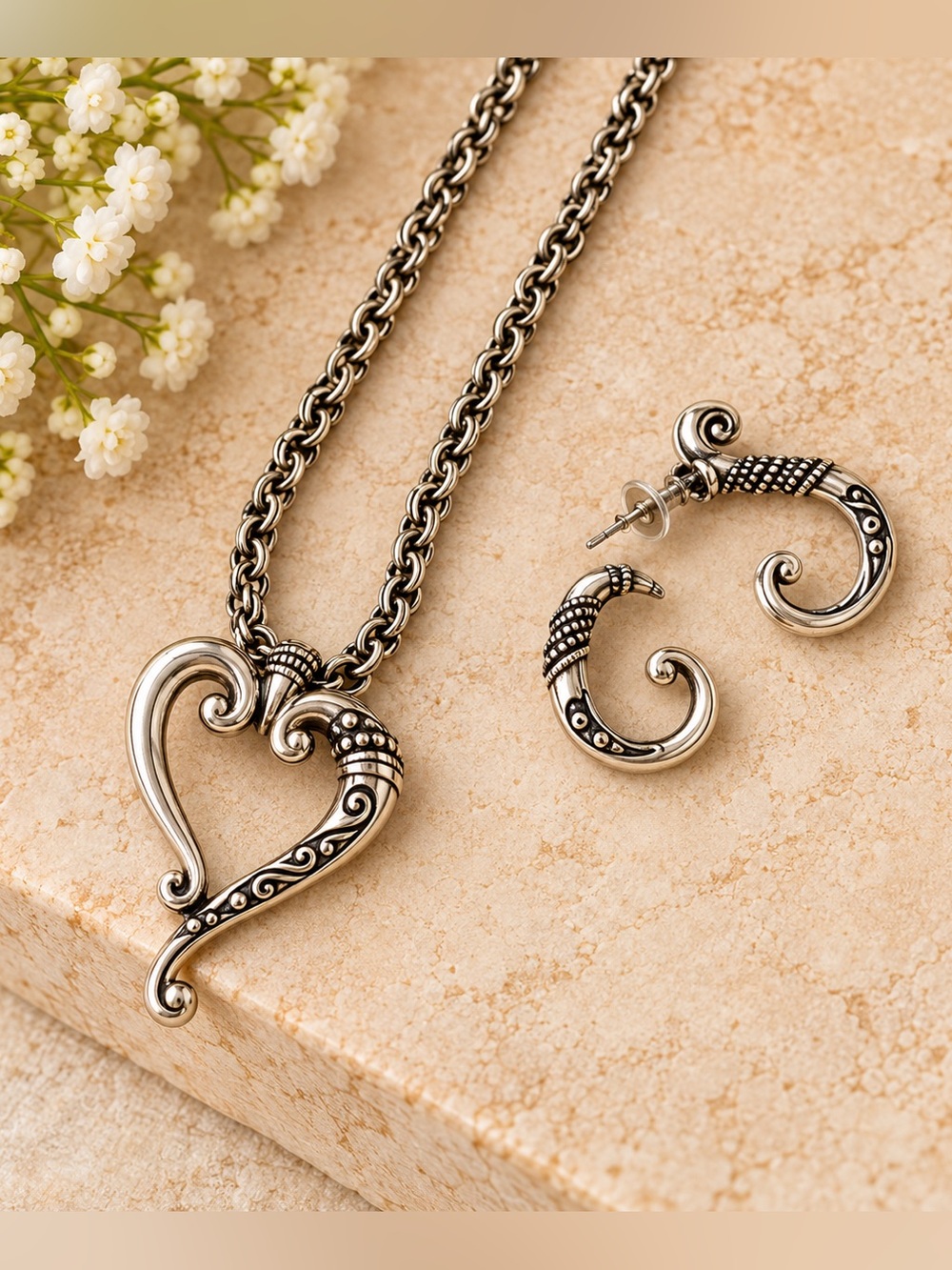 Brighton Vintage Retired Tuscan Heart Scroll Necklace Hoop Earring Set OS